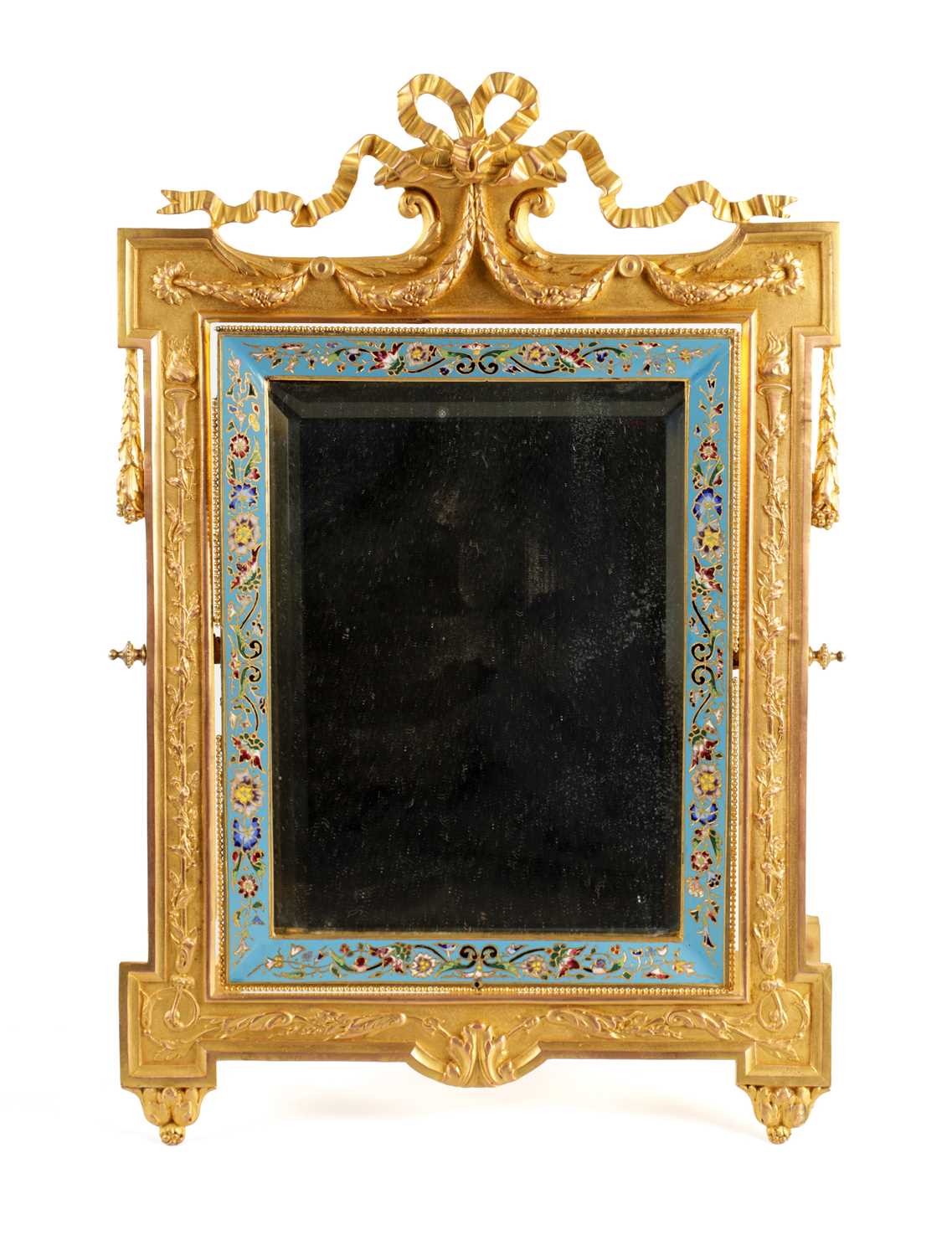 Lot 737 - A 19TH CENTURY FRENCH ORMOLU AND CHAMPLEVE ENAMEL DRESSING TABLE MIRROR