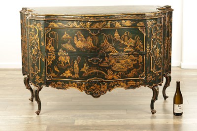 Lot 1239 - A 19TH CENTURY ITALIAN CHINOISERIE LACQUERED SERPENTINE SHAPED COMMODE