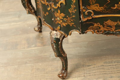Lot 1239 - A 19TH CENTURY ITALIAN CHINOISERIE LACQUERED SERPENTINE SHAPED COMMODE