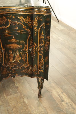 Lot 1239 - A 19TH CENTURY ITALIAN CHINOISERIE LACQUERED SERPENTINE SHAPED COMMODE