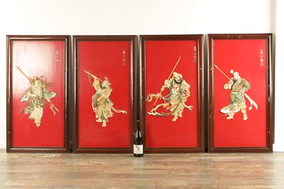 Lot 204 - A SET OF FOUR LATE 19TH CENTURY CHINESE LACQUERED PANELS WITH IVORY AND MOTHER OF PEARL INLAID FIGURES OF WARRIORS