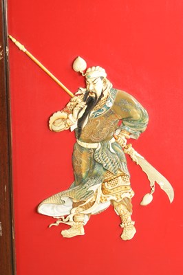 Lot 204 - A SET OF FOUR LATE 19TH CENTURY CHINESE LACQUERED PANELS WITH IVORY AND MOTHER OF PEARL INLAID FIGURES OF WARRIORS