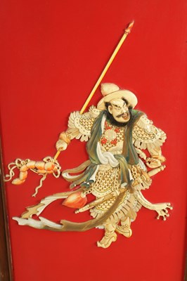 Lot 204 - A SET OF FOUR LATE 19TH CENTURY CHINESE LACQUERED PANELS WITH IVORY AND MOTHER OF PEARL INLAID FIGURES OF WARRIORS