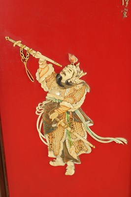 Lot 204 - A SET OF FOUR LATE 19TH CENTURY CHINESE LACQUERED PANELS WITH IVORY AND MOTHER OF PEARL INLAID FIGURES OF WARRIORS
