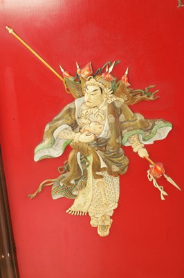 Lot 204 - A SET OF FOUR LATE 19TH CENTURY CHINESE LACQUERED PANELS WITH IVORY AND MOTHER OF PEARL INLAID FIGURES OF WARRIORS
