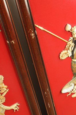 Lot 204 - A SET OF FOUR LATE 19TH CENTURY CHINESE LACQUERED PANELS WITH IVORY AND MOTHER OF PEARL INLAID FIGURES OF WARRIORS