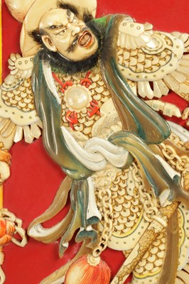 Lot 204 - A SET OF FOUR LATE 19TH CENTURY CHINESE LACQUERED PANELS WITH IVORY AND MOTHER OF PEARL INLAID FIGURES OF WARRIORS