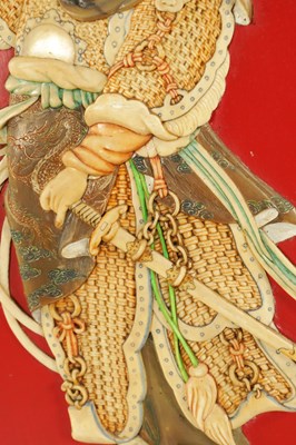 Lot 204 - A SET OF FOUR LATE 19TH CENTURY CHINESE LACQUERED PANELS WITH IVORY AND MOTHER OF PEARL INLAID FIGURES OF WARRIORS