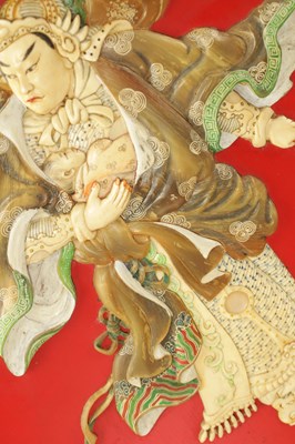 Lot 204 - A SET OF FOUR LATE 19TH CENTURY CHINESE LACQUERED PANELS WITH IVORY AND MOTHER OF PEARL INLAID FIGURES OF WARRIORS