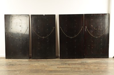 Lot 204 - A SET OF FOUR LATE 19TH CENTURY CHINESE LACQUERED PANELS WITH IVORY AND MOTHER OF PEARL INLAID FIGURES OF WARRIORS