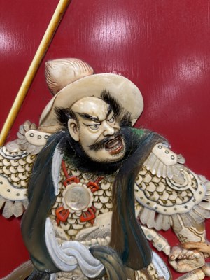 Lot 204 - A SET OF FOUR LATE 19TH CENTURY CHINESE LACQUERED PANELS WITH IVORY AND MOTHER OF PEARL INLAID FIGURES OF WARRIORS