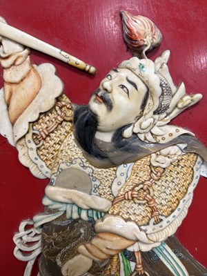 Lot 204 - A SET OF FOUR LATE 19TH CENTURY CHINESE LACQUERED PANELS WITH IVORY AND MOTHER OF PEARL INLAID FIGURES OF WARRIORS