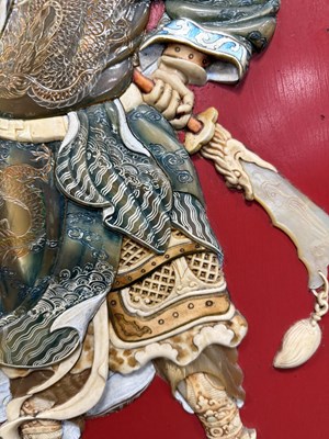 Lot 204 - A SET OF FOUR LATE 19TH CENTURY CHINESE LACQUERED PANELS WITH IVORY AND MOTHER OF PEARL INLAID FIGURES OF WARRIORS