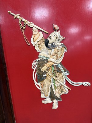 Lot 204 - A SET OF FOUR LATE 19TH CENTURY CHINESE LACQUERED PANELS WITH IVORY AND MOTHER OF PEARL INLAID FIGURES OF WARRIORS