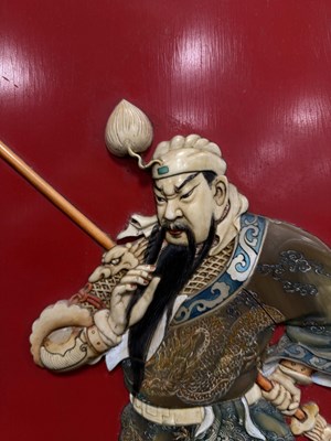 Lot 204 - A SET OF FOUR LATE 19TH CENTURY CHINESE LACQUERED PANELS WITH IVORY AND MOTHER OF PEARL INLAID FIGURES OF WARRIORS