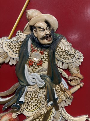 Lot 204 - A SET OF FOUR LATE 19TH CENTURY CHINESE LACQUERED PANELS WITH IVORY AND MOTHER OF PEARL INLAID FIGURES OF WARRIORS