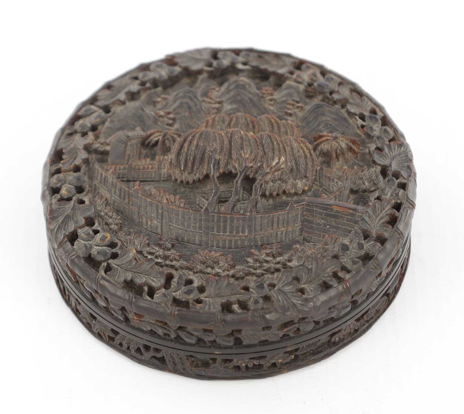 Lot 245 - A 19TH CENTURY CARVED TORTOISESHELL CHINESE CIRCULAR LIDDED BOX