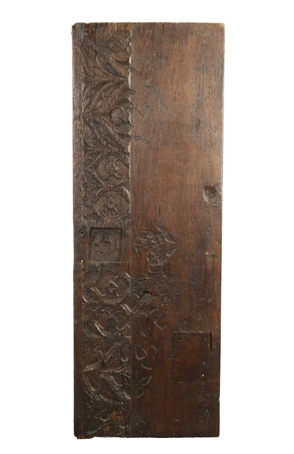 Lot 1095 - A 16TH CENTURY CARVED OAK GOTHIC COFFER FRONT