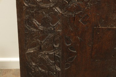 Lot 1095 - A 16TH CENTURY CARVED OAK GOTHIC COFFER FRONT