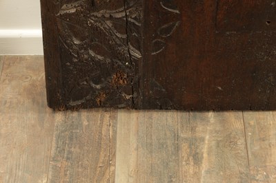 Lot 1095 - A 16TH CENTURY CARVED OAK GOTHIC COFFER FRONT