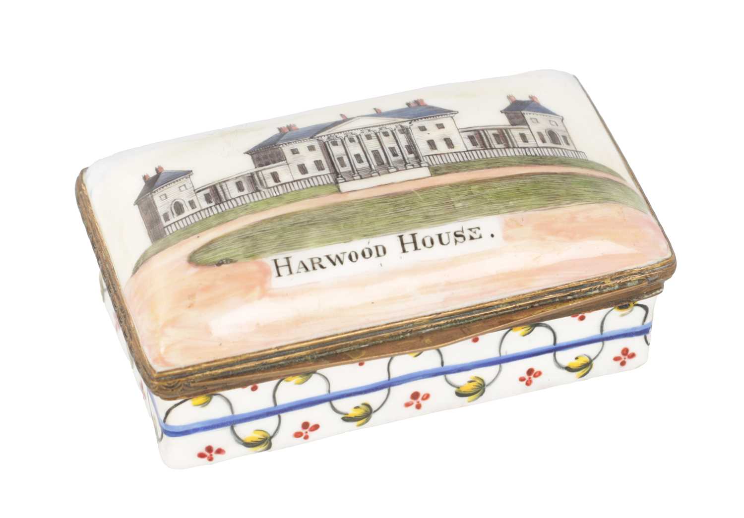 Lot 799 - AN 18TH CENTURY ENAMEL BOX WITH A VIEW OF HAREWOOD HOUSE