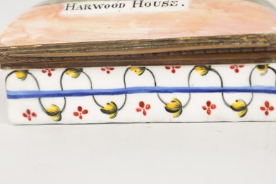 Lot 799 - AN 18TH CENTURY ENAMEL BOX WITH A VIEW OF HAREWOOD HOUSE