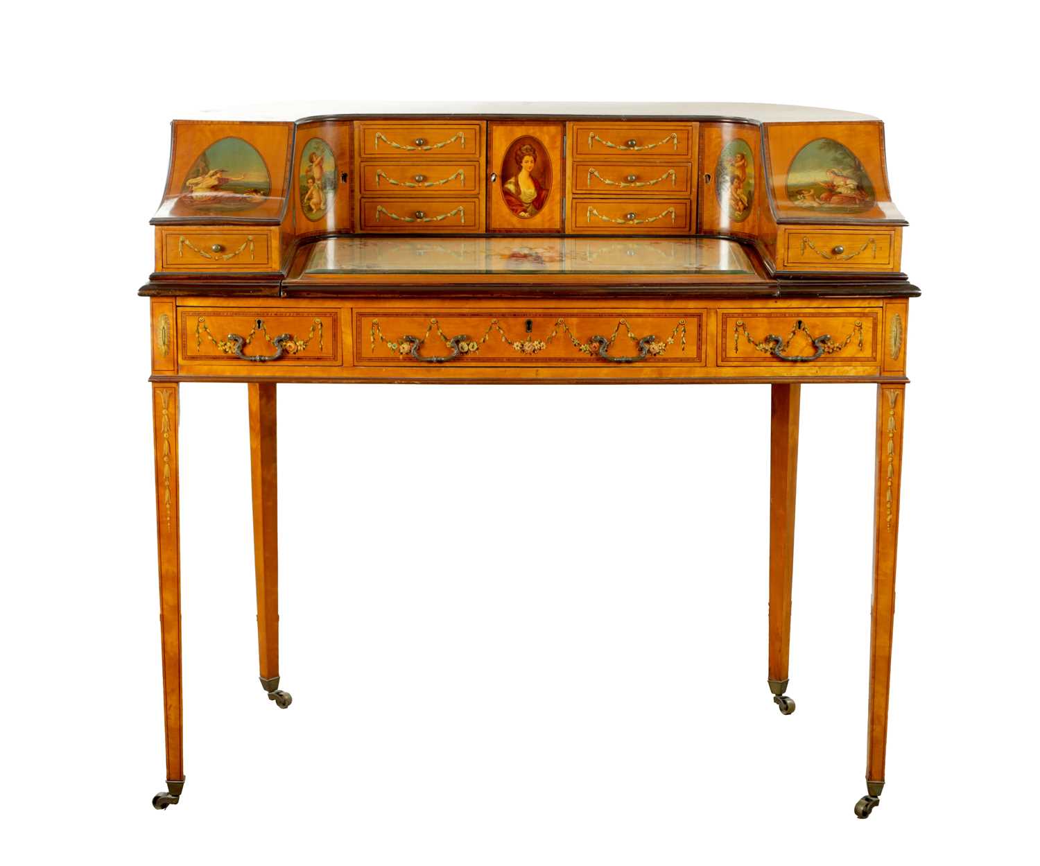 Lot 1317 - A FINE LATE 19TH CENTURY SHERATON REVIVAL SATINWOOD AND FLORAL PAINTED CARLTON HOUSE DESK