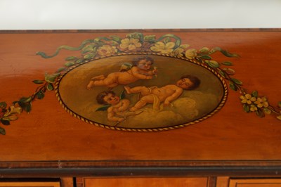 Lot 1317 - A FINE LATE 19TH CENTURY SHERATON REVIVAL SATINWOOD AND FLORAL PAINTED CARLTON HOUSE DESK