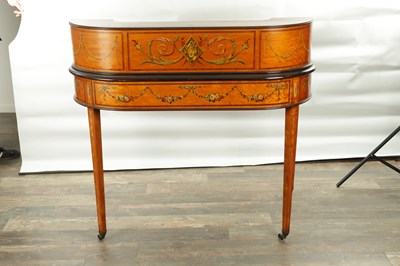 Lot 1317 - A FINE LATE 19TH CENTURY SHERATON REVIVAL SATINWOOD AND FLORAL PAINTED CARLTON HOUSE DESK