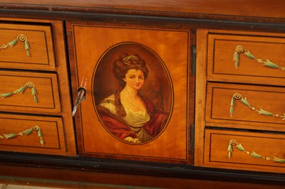 Lot 1317 - A FINE LATE 19TH CENTURY SHERATON REVIVAL SATINWOOD AND FLORAL PAINTED CARLTON HOUSE DESK