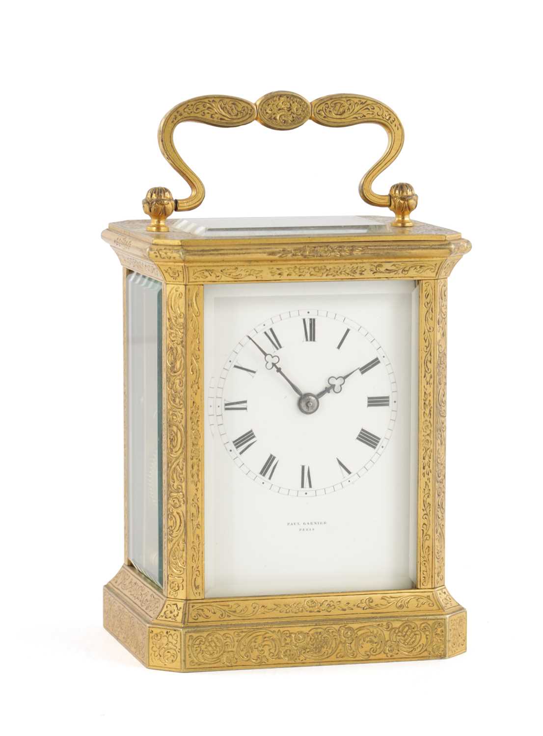 Lot 1517 - PAUL GARNIER, PARIS. A 19TH CENTURY FRENCH GILT ENGRAVED STRIKING CARRIAGE CLOCK