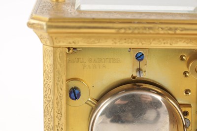 Lot 1517 - PAUL GARNIER, PARIS. A 19TH CENTURY FRENCH GILT ENGRAVED STRIKING CARRIAGE CLOCK