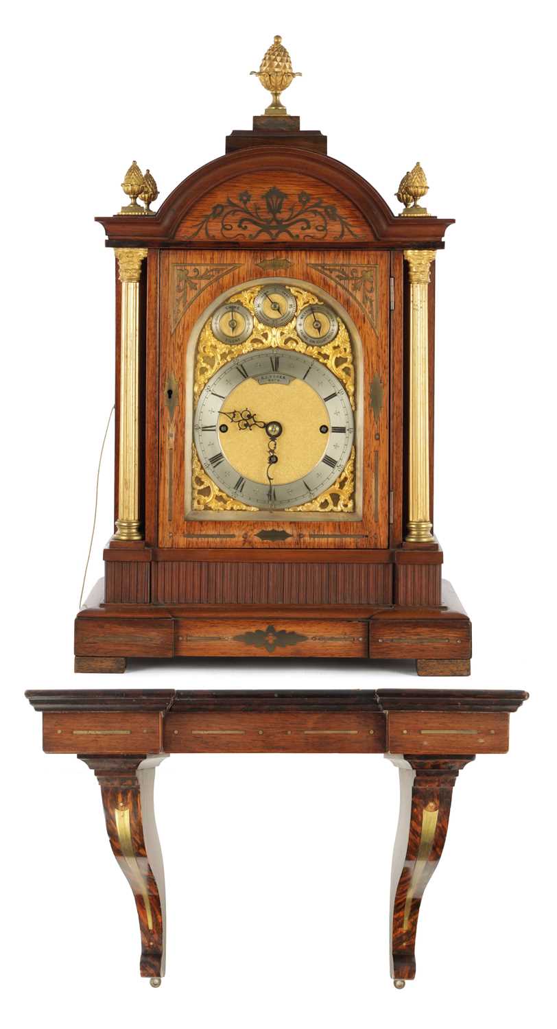 Lot 1560 - A LATE 19TH CENTURY TRIPLE FUSEE QUARTER CHIMING ROSEWOOD BRACKET CLOCK ON BRACKET