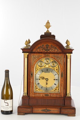 Lot 1560 - A LATE 19TH CENTURY TRIPLE FUSEE QUARTER CHIMING ROSEWOOD BRACKET CLOCK ON BRACKET