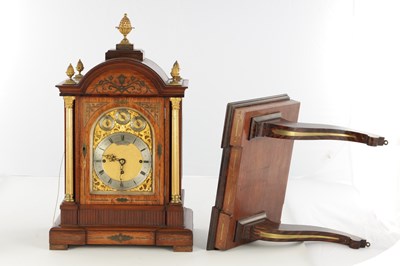 Lot 1560 - A LATE 19TH CENTURY TRIPLE FUSEE QUARTER CHIMING ROSEWOOD BRACKET CLOCK ON BRACKET