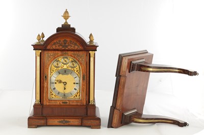 Lot 1560 - A LATE 19TH CENTURY TRIPLE FUSEE QUARTER CHIMING ROSEWOOD BRACKET CLOCK ON BRACKET