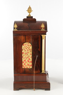 Lot 1560 - A LATE 19TH CENTURY TRIPLE FUSEE QUARTER CHIMING ROSEWOOD BRACKET CLOCK ON BRACKET