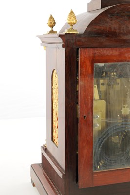 Lot 1560 - A LATE 19TH CENTURY TRIPLE FUSEE QUARTER CHIMING ROSEWOOD BRACKET CLOCK ON BRACKET
