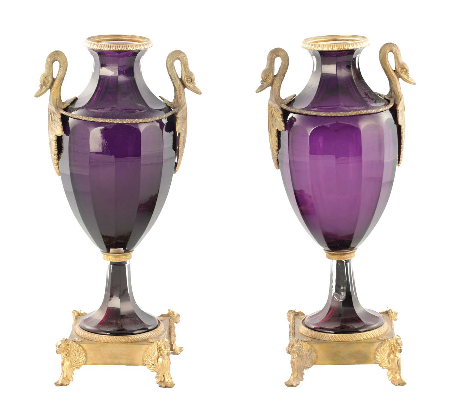 Lot 739 - A PAIR OF LATE 19TH / EARLY 20TH CENTURY RUSSIAN ORMOLU MOUNTED AMETHYST CUT-GLASS VASES