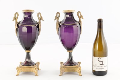 Lot 739 - A PAIR OF LATE 19TH / EARLY 20TH CENTURY RUSSIAN ORMOLU MOUNTED AMETHYST CUT-GLASS VASES