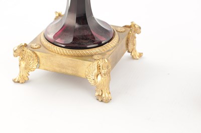 Lot 739 - A PAIR OF LATE 19TH / EARLY 20TH CENTURY RUSSIAN ORMOLU MOUNTED AMETHYST CUT-GLASS VASES