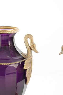 Lot 739 - A PAIR OF LATE 19TH / EARLY 20TH CENTURY RUSSIAN ORMOLU MOUNTED AMETHYST CUT-GLASS VASES