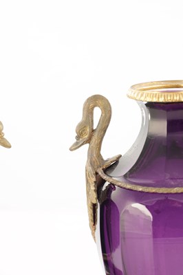 Lot 739 - A PAIR OF LATE 19TH / EARLY 20TH CENTURY RUSSIAN ORMOLU MOUNTED AMETHYST CUT-GLASS VASES