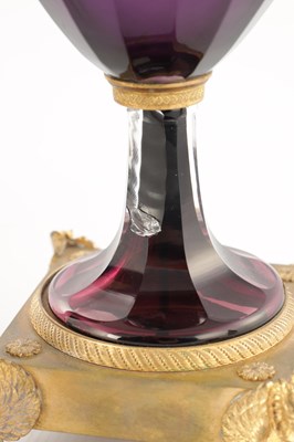 Lot 739 - A PAIR OF LATE 19TH / EARLY 20TH CENTURY RUSSIAN ORMOLU MOUNTED AMETHYST CUT-GLASS VASES