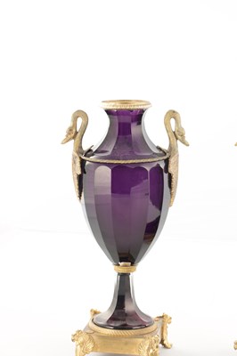 Lot 739 - A PAIR OF LATE 19TH / EARLY 20TH CENTURY RUSSIAN ORMOLU MOUNTED AMETHYST CUT-GLASS VASES