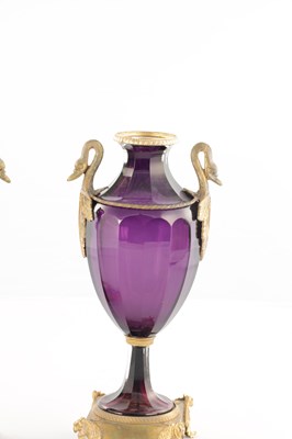 Lot 739 - A PAIR OF LATE 19TH / EARLY 20TH CENTURY RUSSIAN ORMOLU MOUNTED AMETHYST CUT-GLASS VASES