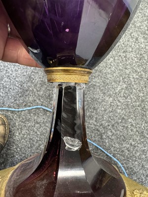 Lot 739 - A PAIR OF LATE 19TH / EARLY 20TH CENTURY RUSSIAN ORMOLU MOUNTED AMETHYST CUT-GLASS VASES