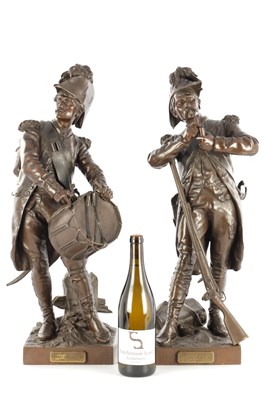 Lot 735 - AFTER ETIENNE-HENRI DUMAIGE. A LARGE PAIR OF LATE 19TH CENTURY FRENCH PATINATED BRONZE MILITARY FIGURES