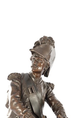 Lot 735 - AFTER ETIENNE-HENRI DUMAIGE. A LARGE PAIR OF LATE 19TH CENTURY FRENCH PATINATED BRONZE MILITARY FIGURES
