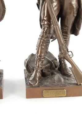 Lot 735 - AFTER ETIENNE-HENRI DUMAIGE. A LARGE PAIR OF LATE 19TH CENTURY FRENCH PATINATED BRONZE MILITARY FIGURES